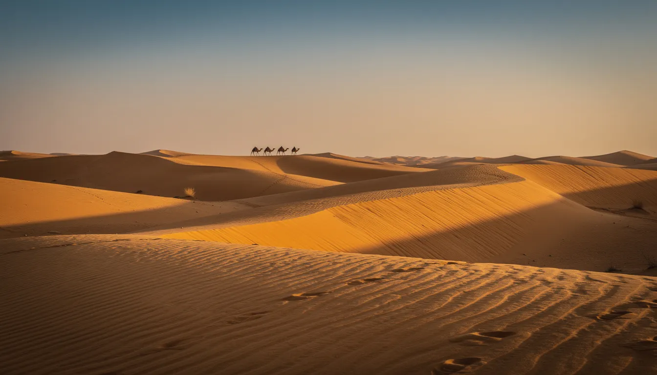 The image depicts high golden sand dunes of the Sahara Desert, casting dramatic shadows under the sun, with small silhouettes of camels in the distance, evoking the serene beauty of a luxury desert camp experience. This breathtaking landscape highlights the unique charm of glamping in the Sahara, surrounded by the stunning natural formations of the dunes.