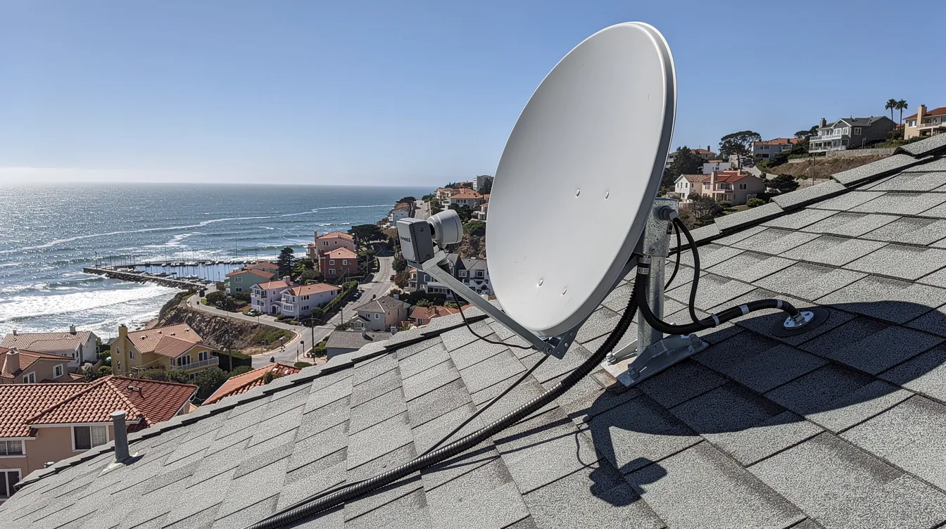 A professionally mounted satellite dish sits on a residential rooftop, with a picturesque coastal town in the background. This installation highlights the expertise of accredited DSTV installers in George, ensuring optimal signal reception for viewers.