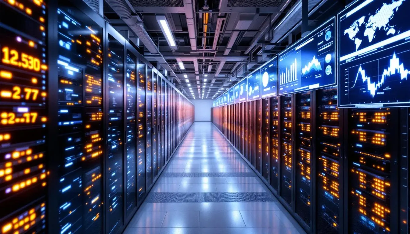 The image depicts a modern enterprise data center featuring secure AI processing systems, equipped with multiple monitoring displays. These displays showcase various AI models and tools, emphasizing the importance of AI security and risk management in mitigating potential threats and ensuring compliance with regulatory frameworks.