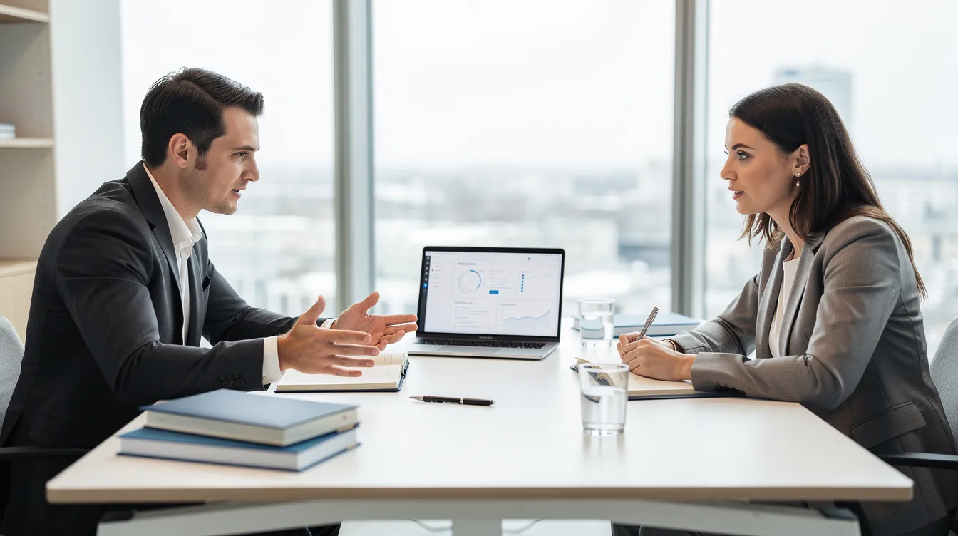 Two professionals are engaged in a consultation meeting at a modern, tidy desk, equipped with notebooks and a laptop, discussing the lms migration process for transitioning to a new learning management system. Their focus is on ensuring a smooth transition and addressing key aspects of the migration project plan. Two professionals are engaged in a consultation meeting at a modern, tidy desk, equipped with notebooks and a laptop, discussing the lms migration process for transitioning to a new learning management system. Their focus is on ensuring a smooth transition and addressing key aspects of the migration project plan.