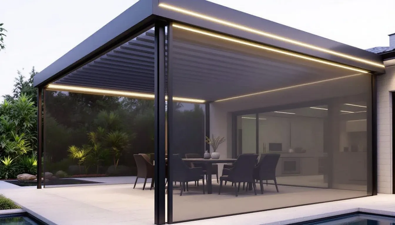 Une pergola moderne avec moustiquaires et toit rigide est installée sur une terrasse, offrant un espace de vie extérieur confortable et protégé des intempéries. Ce type de structure est idéal pour profiter de la lumière du soleil tout en étant à l'abri des insectes, parfait pour les projets de solarium 3 saisons.