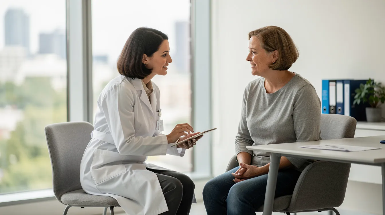 The image depicts a clinician and a patient engaged in a conversation in a bright, modern office, emphasizing the importance of personalized treatment strategies in health care. This setting reflects a focus on patient-centered care, where individualized treatment plans are discussed, potentially including options like targeted therapies and precision medicine.