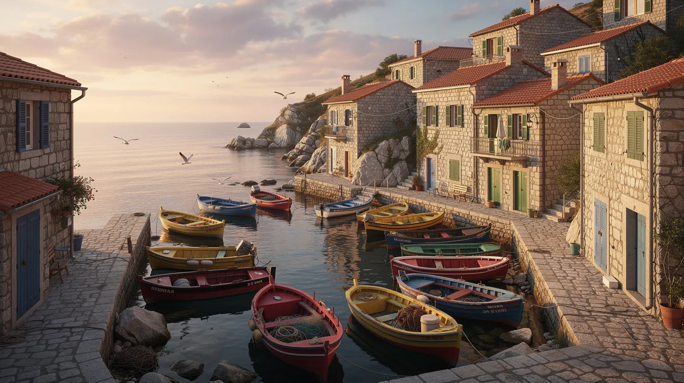 Um vilarejo costeiro na Croácia, com casas de pedra de estilo tradicional e barcos coloridos ancorados no porto. A cena é emoldurada por um céu azul e o mar calmo, refletindo a cultura e a beleza da região da Dalmácia.