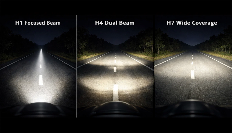 H1, H4, H7 headlight beam patterns comparison for night driving performance