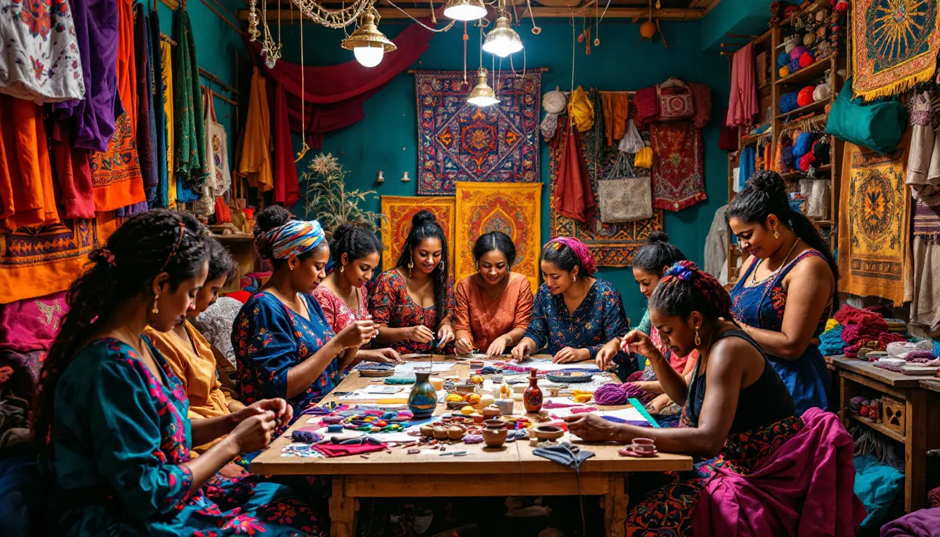 Artisans collaborating to create garments, embodying community and craftsmanship.