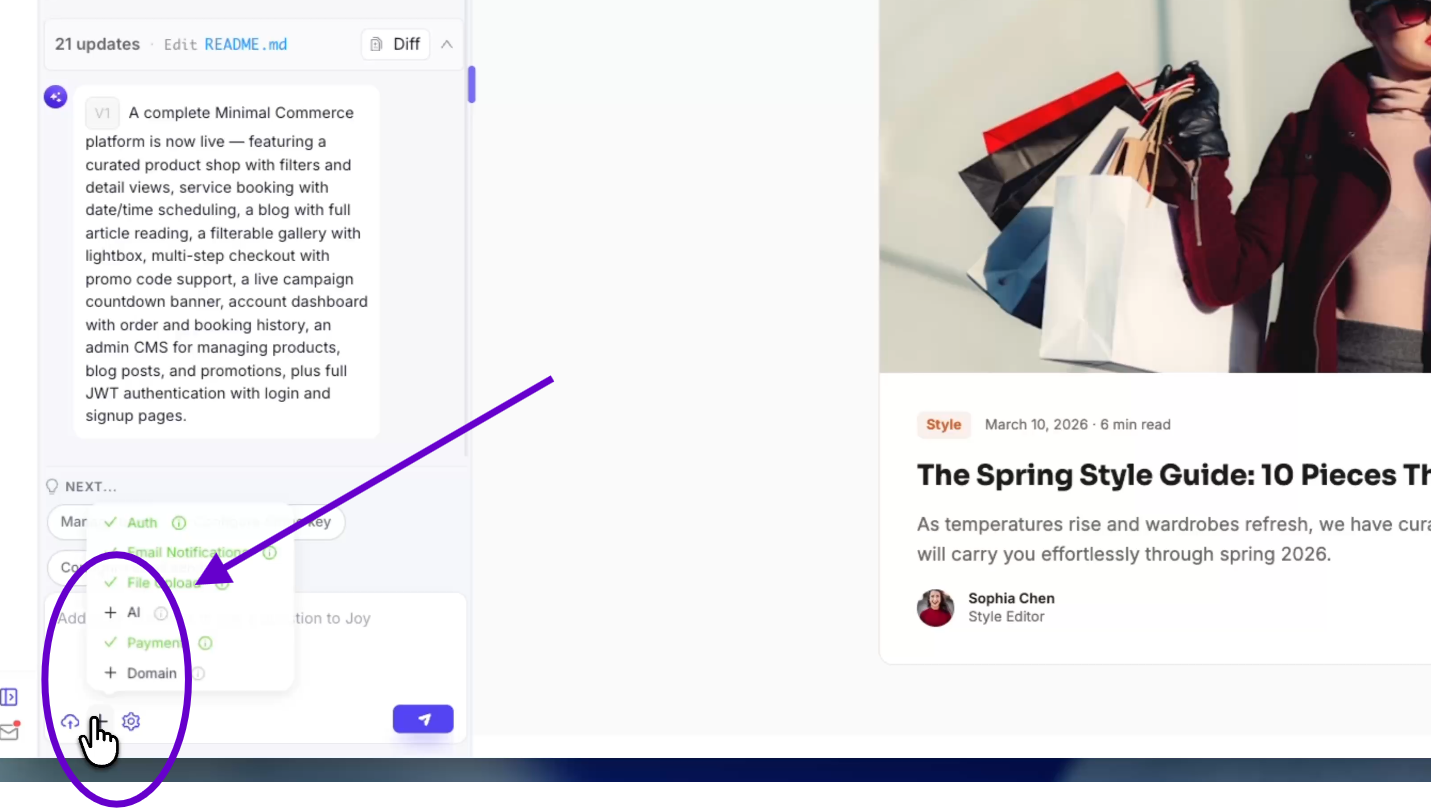 Image showing where to click to add and connect AI features to existing app