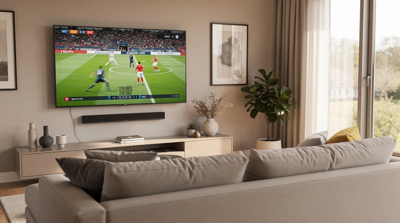 The image shows a cozy living room featuring a wall-mounted TV that is displaying a sports channel. This setup highlights the convenience of DSTV installation, making it ideal for uninterrupted entertainment in homes, particularly in areas like Mitchells Plain.