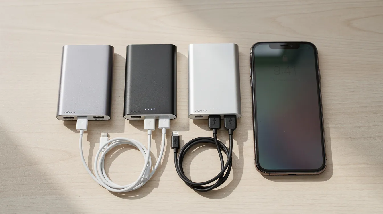 Auf einem hellen Holztisch liegen verschiedene kompakte Powerbanks, darunter die Anker Maggo Power Bank mit 10.000 mAh, sowie mehrere Ladekabel und ein Smartphone, das bereit ist, aufgeladen zu werden. Die Powerbanks bieten verschiedene Anschlüsse wie USB-C und USB-A, ideal für iPhone 12 und andere Geräte.