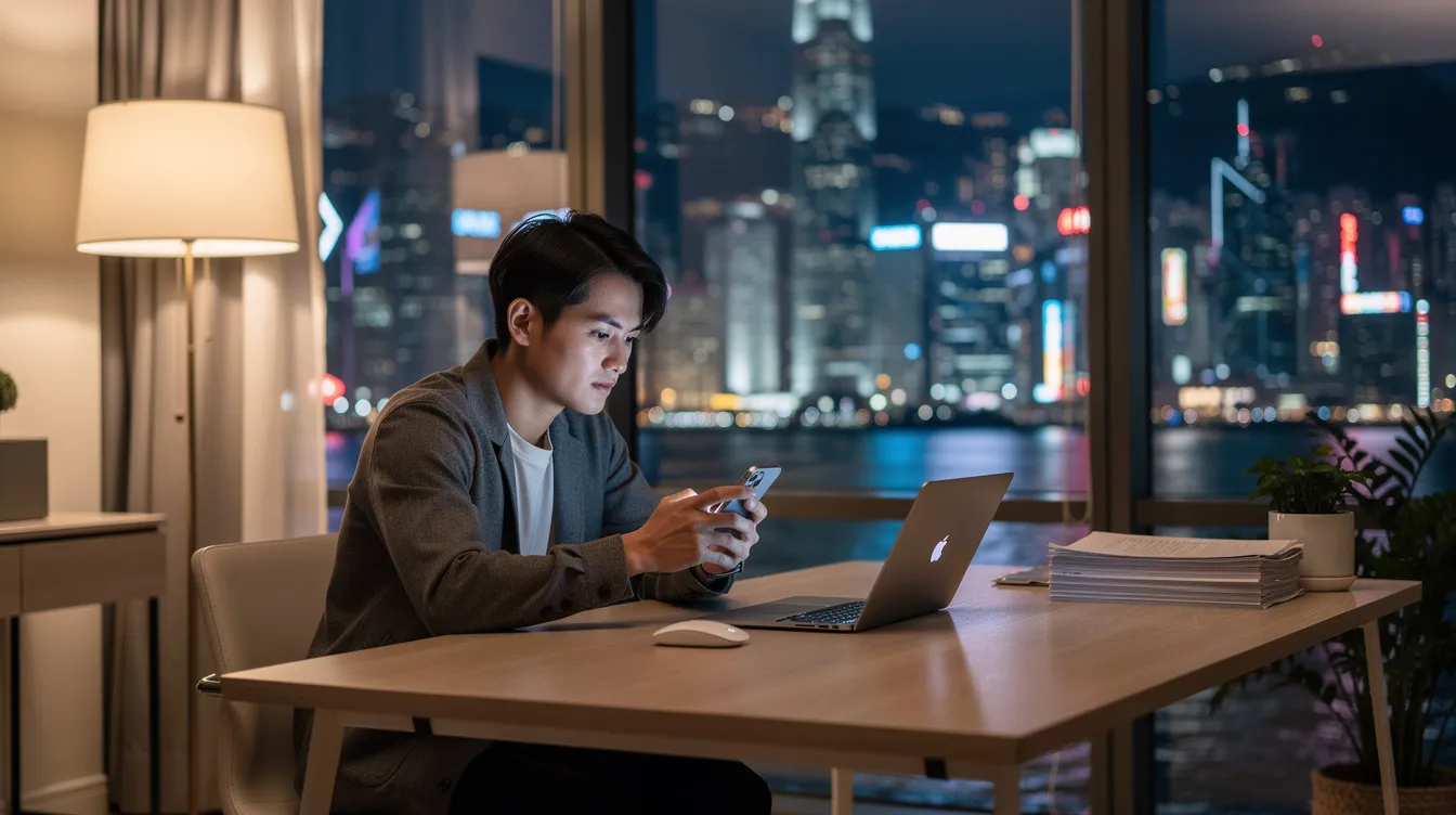 A person is sitting at a modern desk in a Hong Kong apartment, focused on their smartphone while a laptop is open nearby, reflecting a blend of personal finance activities like online loans or personal credit applications. The setting suggests a contemporary lifestyle, possibly involving discussions about low-interest loans or financial technology options available in the city.