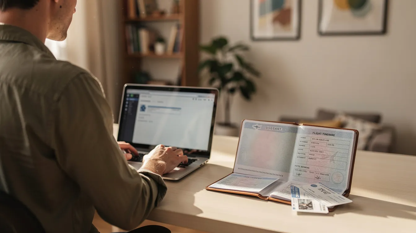A person is sitting at a home desk, focused on a laptop, with a passport and various travel documents, including a visa application, placed beside them. The scene suggests preparation for an upcoming trip, possibly to enter India, highlighting the importance of understanding visa fees and types, such as tourist or business visas.