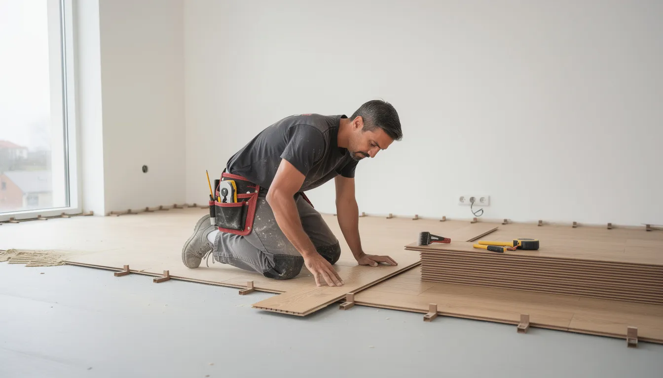 Un ouvrier, en train de poser un revêtement de sol en lames vinyles, travaille dans une pièce lumineuse. Ce professionnel du métier met en œuvre son savoir-faire pour réaliser une décoration intérieure de qualité.