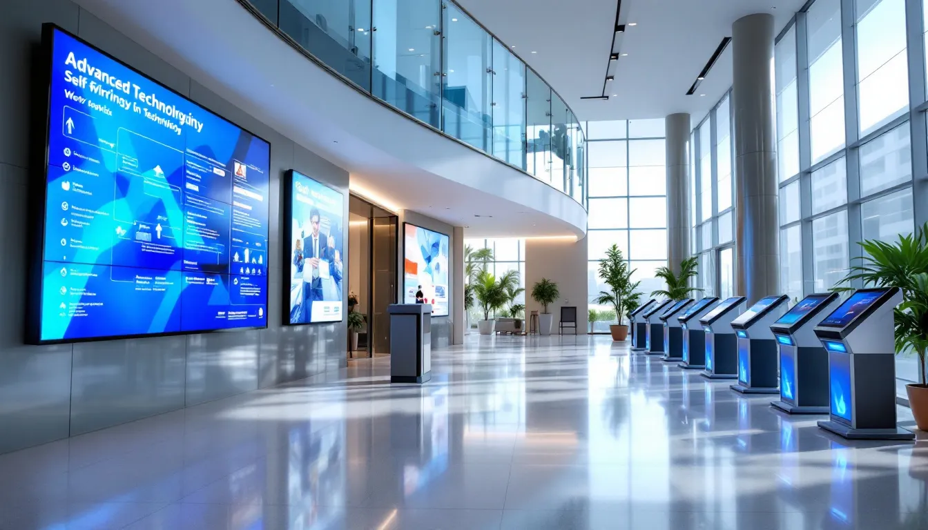The image depicts a modern hotel lobby featuring sleek, advanced technology displays and self-service kiosks designed for guest convenience. This innovative space enhances the guest journey by streamlining check-in and providing easy access to hotel services, contributing to overall guest satisfaction.