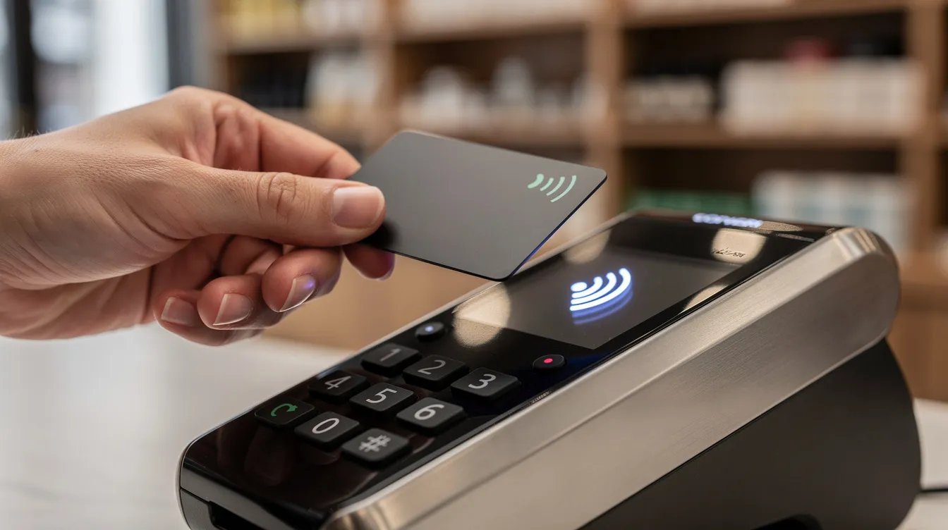 A close-up view of a contactless payment being made at a modern card terminal inside a European shop, showcasing the ease of using credit and debit cards for travel purchases without incurring foreign transaction fees. The sleek design of the terminal reflects the convenience of digital wallets and travel rewards credit cards for frequent travelers.