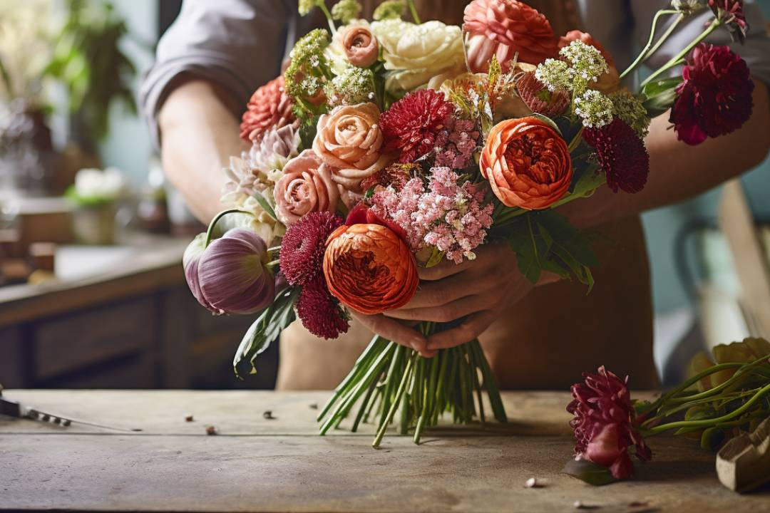 A picture of a florist creating a unique floral creation in Cape Town. Send flowers for same day flower delivery with Flower Guy.