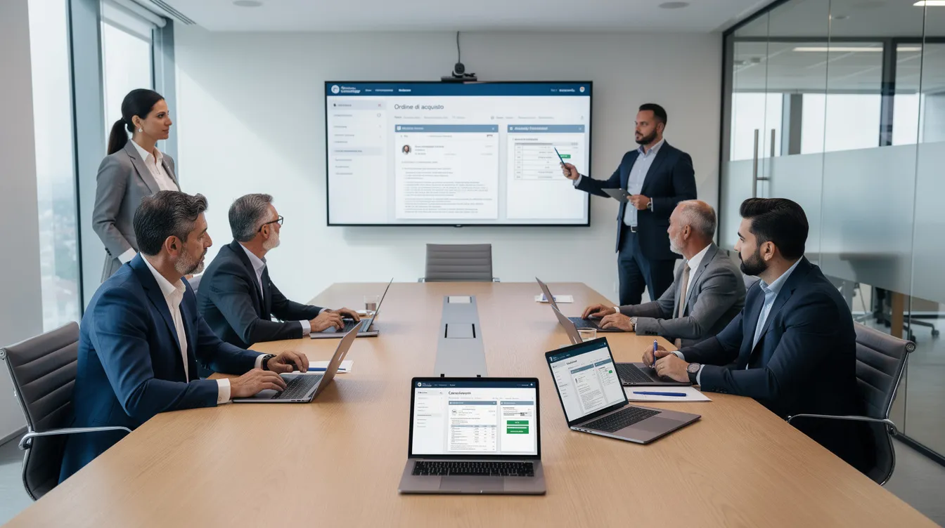Un gruppo di professionisti del procurement sta analizzando documenti digitali in una sala riunioni, discutendo della qualifica dei fornitori e della valutazione dei rischi associati alla fornitura di materie prime. L'atmosfera è concentrata, mentre utilizzano software e strumenti per monitorare la compliance e garantire la qualità dei servizi offerti.