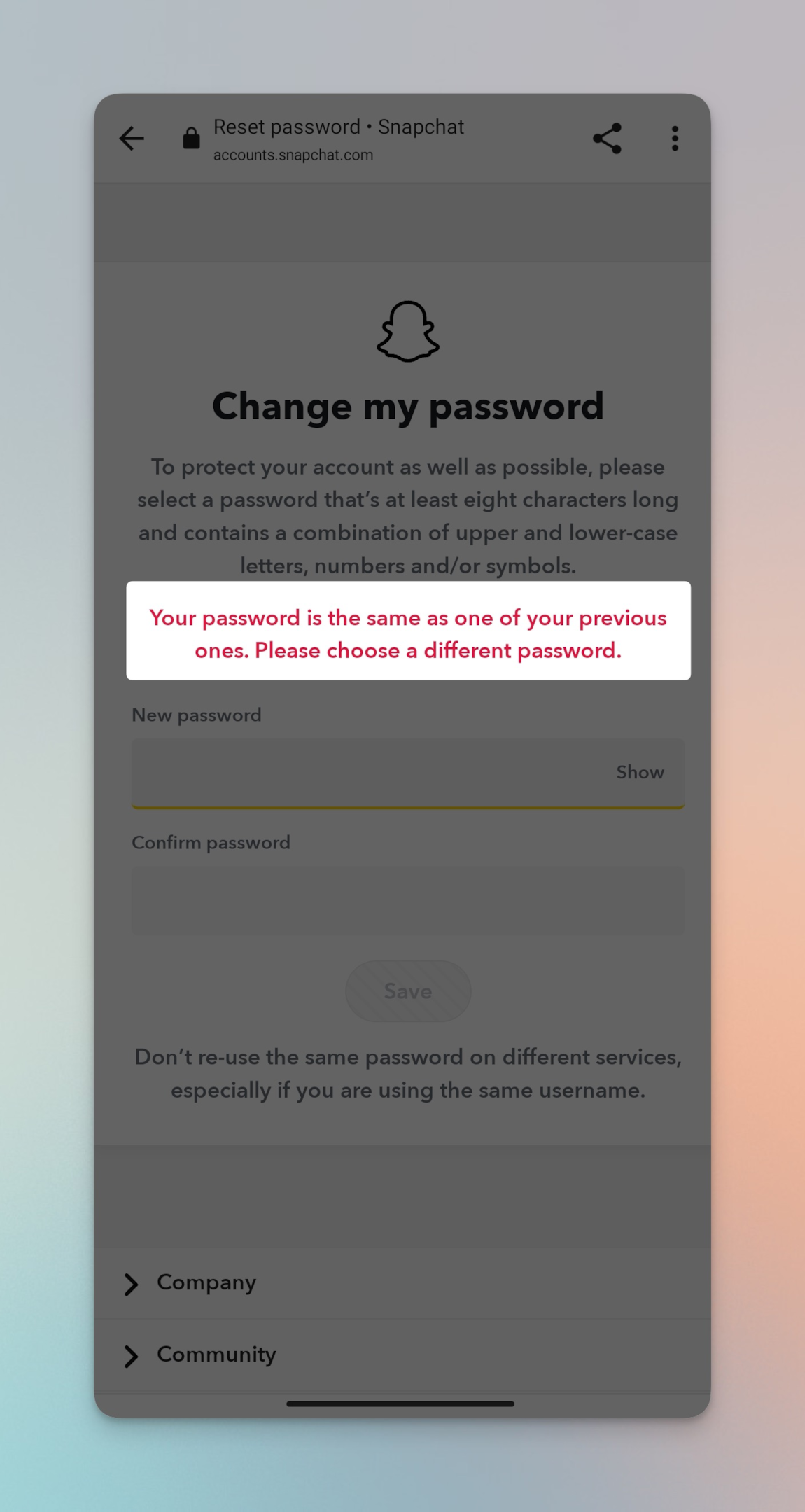 Remote.tools highlighting the warning messages that Snapchat shows if you enter a password that was previously used for your Snapchat account. This is to fix Oops! We could not find matching credentials.