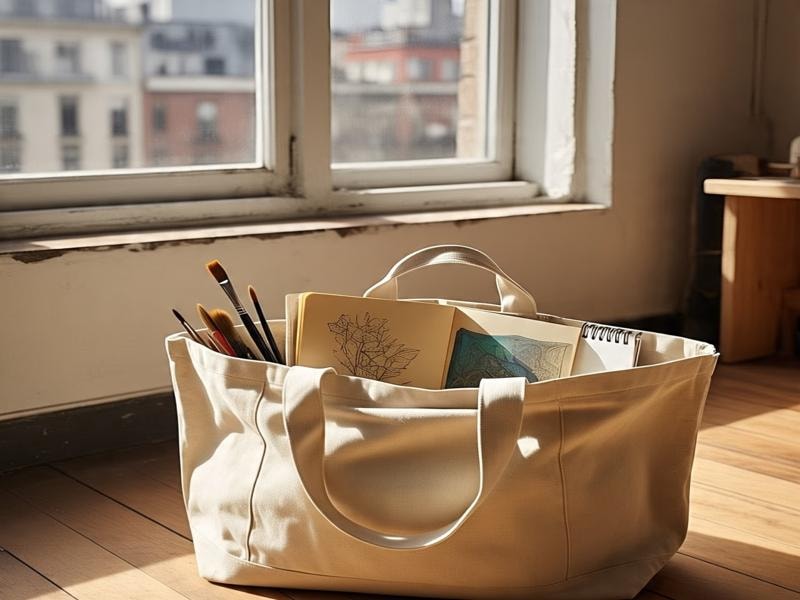 A large canvas tote bag containing books and painting brushes, placed next to a window.