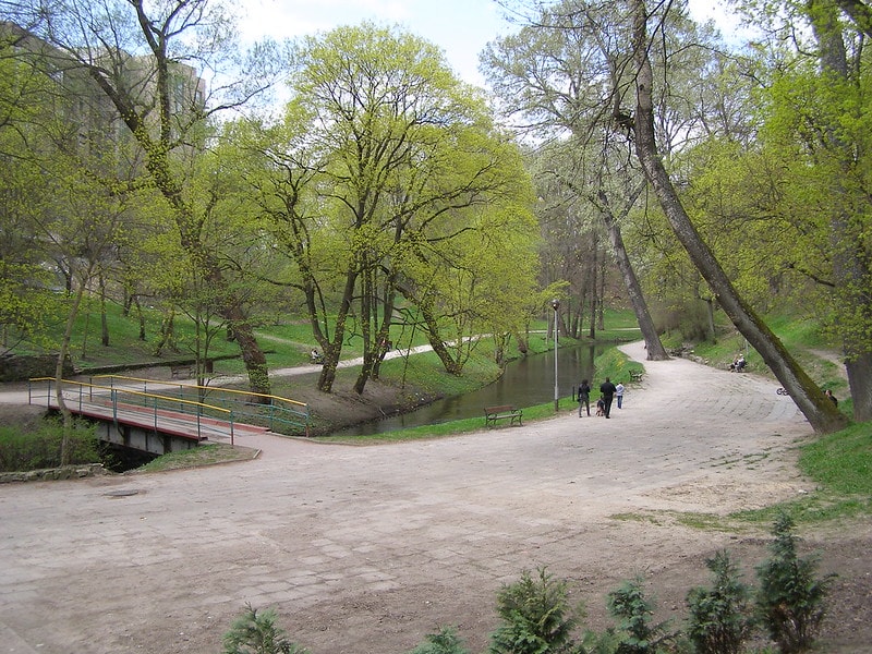 Park Podzamcze, który obok Parku Centralnego jest jednym z najczęściej odwiedzanych parków w centrum. Widok na zielone drzewa in szerokie alejki. Źródło: https://www.flickr.com/photos/iks_berto/8752586089/