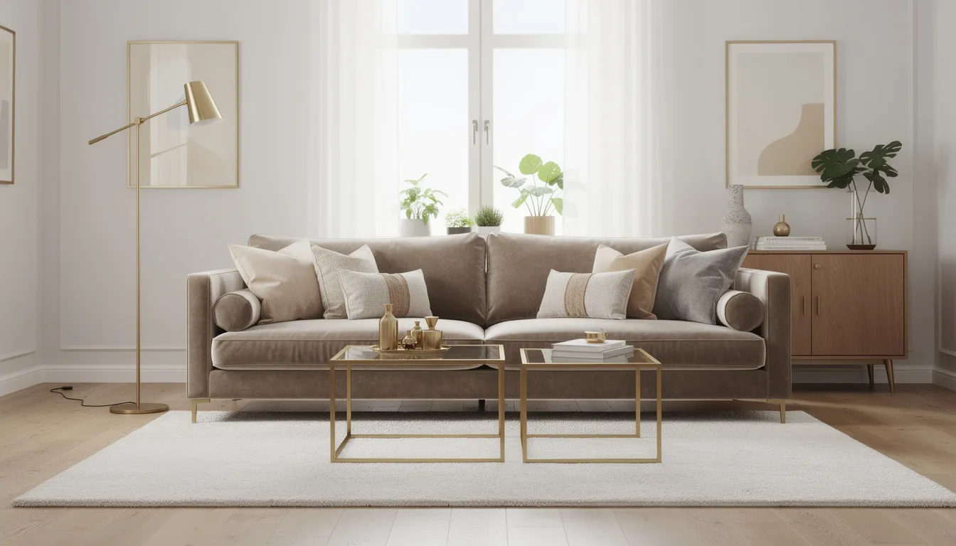 Vardagsrummet är inrett med en lyxig sammetssoffa och eleganta mässingsdetaljer, vilket skapar en stilren och vacker atmosfär. Stora kuddar i neutrala toner kompletterar inredningen och ger en känsla av komfort och hemtrevnad.