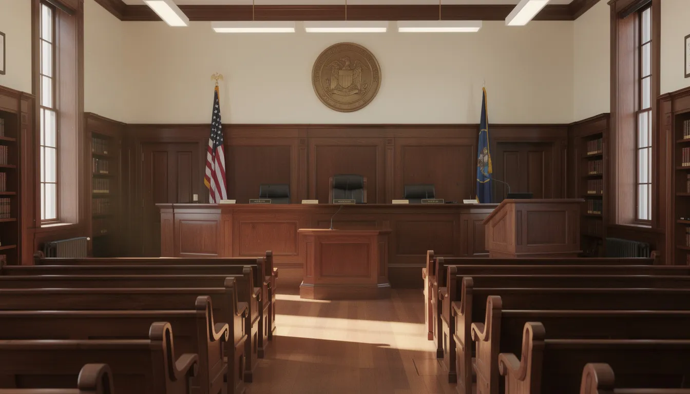 The image depicts the interior of a courtroom featuring an empty judge's bench and witness stand, highlighting the solemn atmosphere typically associated with legal proceedings involving offenses such as family violence or other criminal matters. The setting suggests a space where discussions about criminal records, community supervision, and nondisclosure orders may take place.