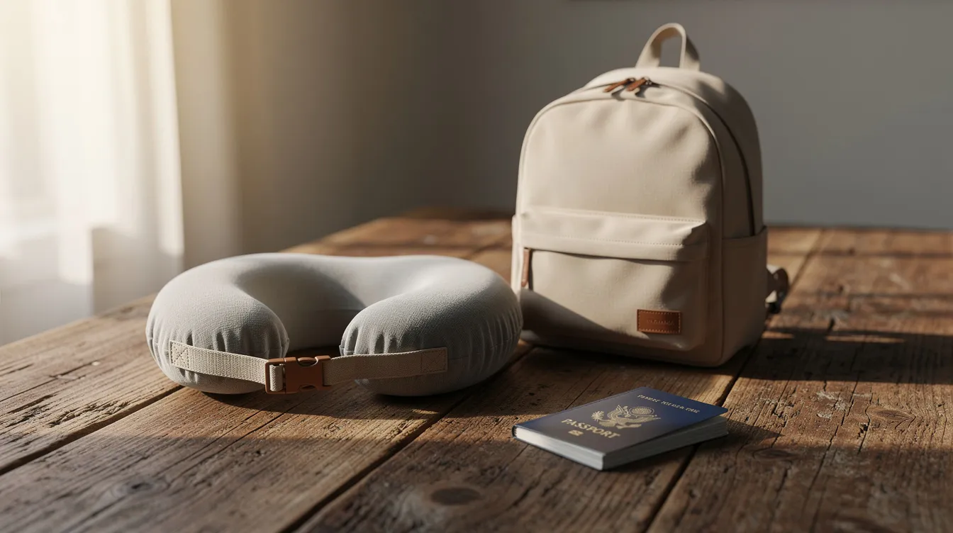 A dark grey microbead travel pillow is positioned next to a small backpack and a passport on a wooden table, showcasing its compact design ideal for long flights. The u-shaped neck pillow offers supportive comfort, making it a great choice for traveling.