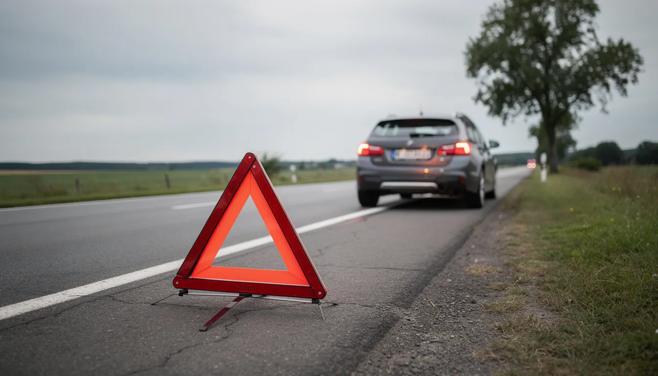 Une voiture immobilisée sur le bord d'une route est accompagnée d'un triangle de signalisation, indiquant un problème. Cette situation peut nécessiter l'assistance d'un service client, comme celui de Sixt, pour résoudre la situation rapidement.