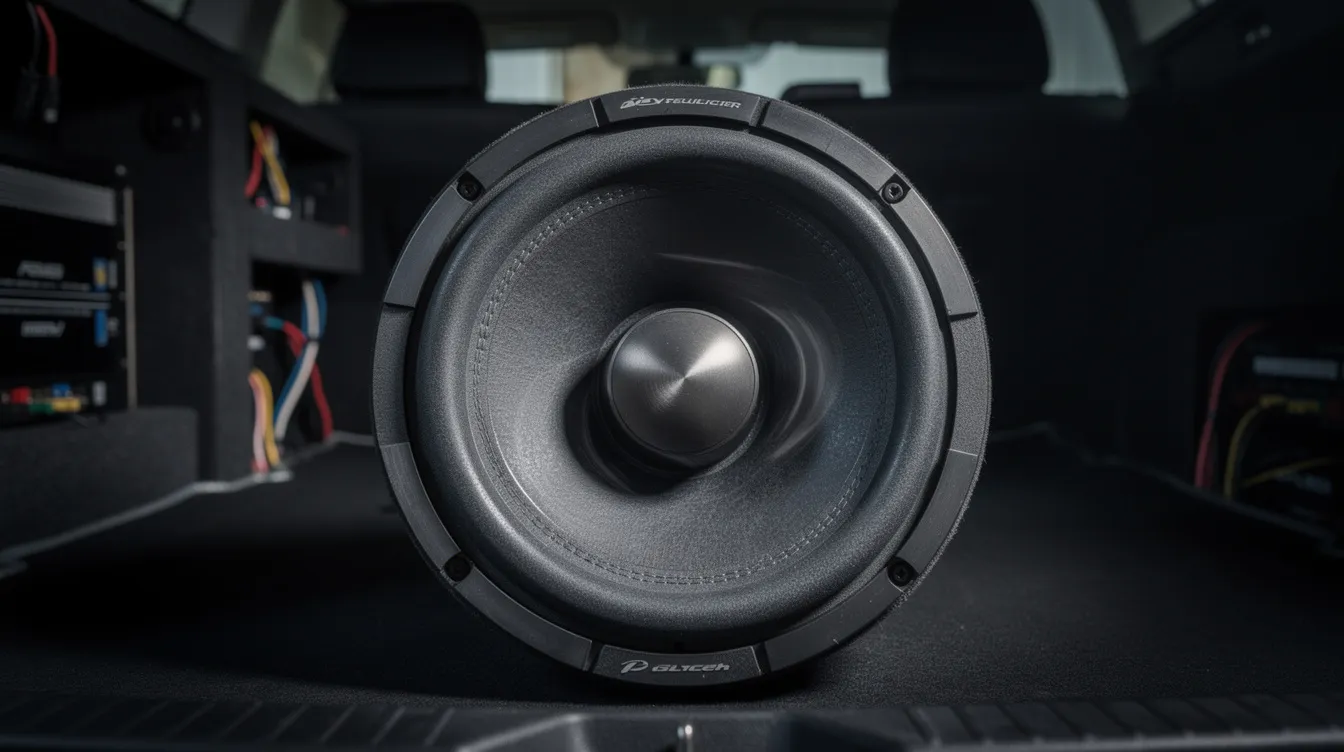 A close-up view of a subwoofer cone vibrating inside a custom vehicle trunk installation, showcasing the dynamic movement that generates deep sound waves. This visual highlights the importance of sound pressure levels (SPL) in car audio systems, emphasizing the power and quality of the sound output experienced by car audio enthusiasts.