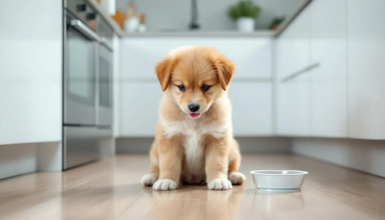 A young puppy is happily eating from a bowl on the floor next to a water dish in a clean kitchen setting, illustrating a cozy meal time for the pup. This scene emphasizes the importance of establishing a feeding schedule as part of successful potty training and house training for new puppies.