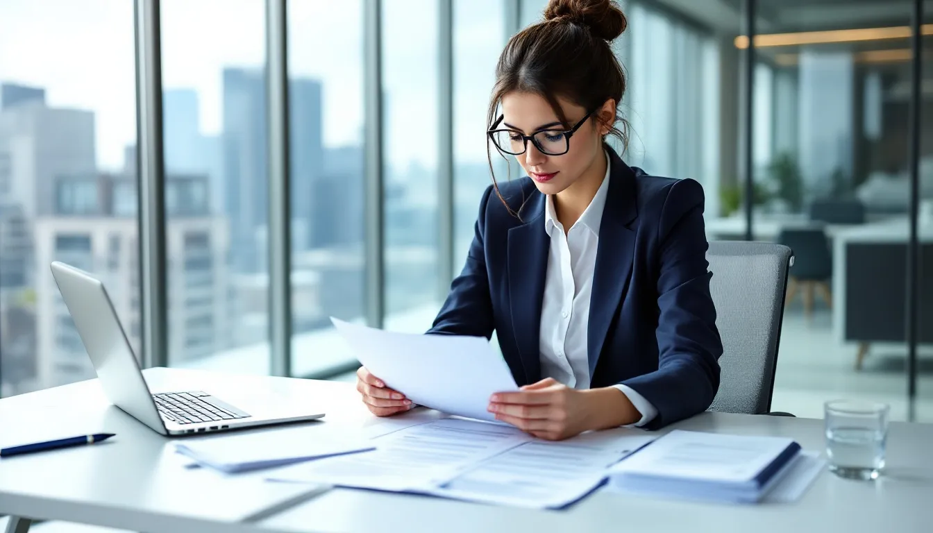 Een professionele vrouw zit aan enen bureau en leest contractdocumenten, mogelijk gerelateerd aan een vaststellingsovereenkomst. Ze lijkt geconcentreerd terwijl ze de details van de overeenkomst bekijkt, die belangrijk kunnen zijn voor haar arbeidssituatie, zoals de opzegtermijn en eventuele ontslagvergoeding.