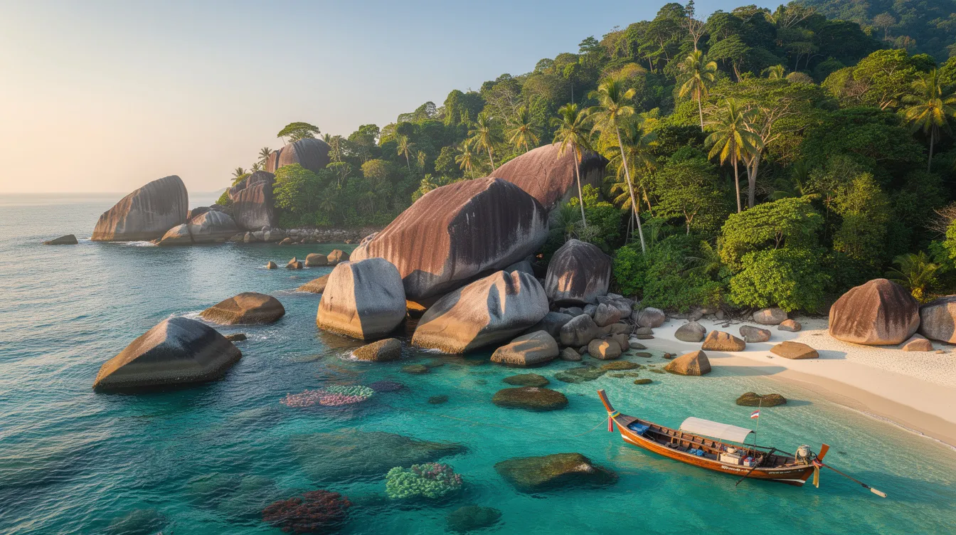 A imagem mostra as Ilhas Similan, na Tailândia, com suas águas cristalinas e praias de areia branca cercadas por vegetação tropical exuberante. O cenário destaca a rica vida marinha, tornando-se um destino popular para turistas que buscam explorar a beleza natural do Golfo da Tailândia.