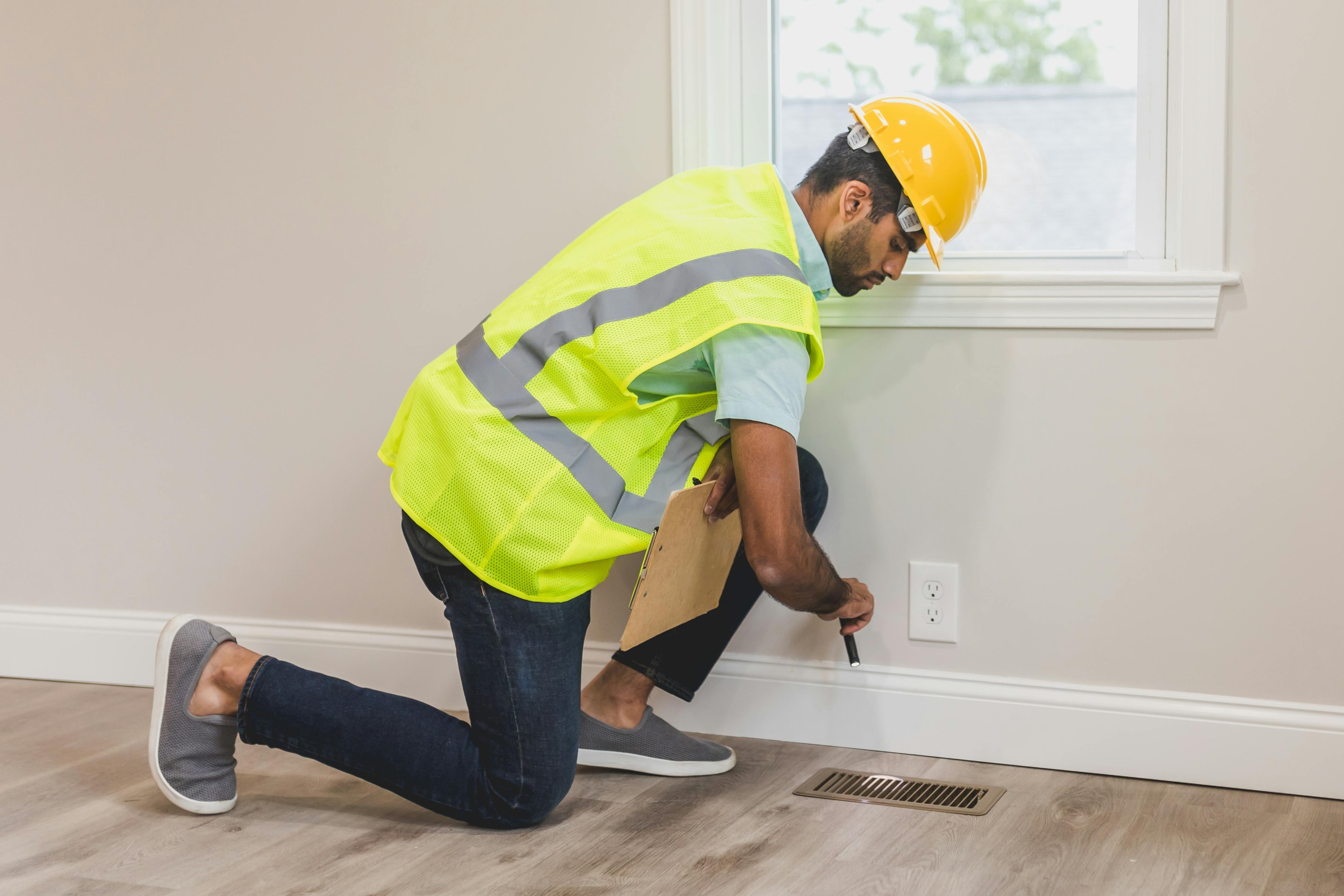 Home inspector looks at baseboards in a house while conducting a home valuation.