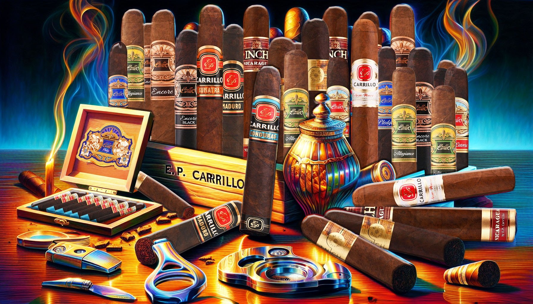 An illustration of a selection of E.P. Carrillo cigars.