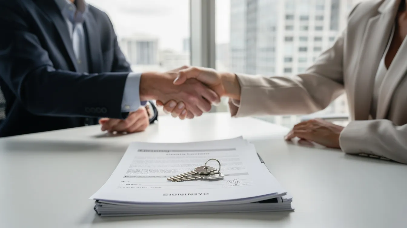 The image shows two individuals shaking hands across a table, with property documents and keys prominently displayed, symbolizing an agreement related to a home equity loan. This scene illustrates the process of securing funds for home improvements or consolidating high-interest debt through home equity.