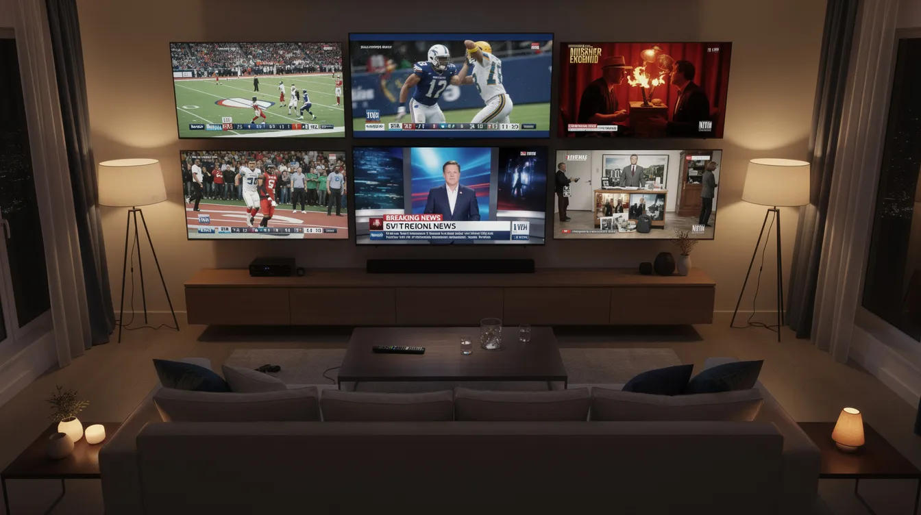 The image depicts a cozy living room with multiple television screens displaying various channels, including sports, news, and movies, showcasing the versatility of a premium IPTV service. Viewers can enjoy a wide array of live TV channels and on-demand content, highlighting the benefits of having a stable internet connection for uninterrupted entertainment.