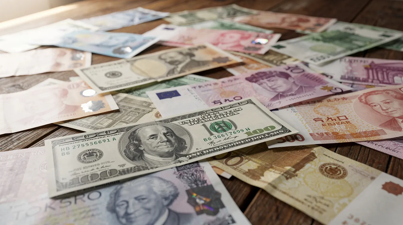 The image displays a variety of international currency notes spread across a wooden table, showcasing multiple currencies that represent different countries. This visual highlights the concept of global payments and the importance of understanding currency conversion fees in international transactions.