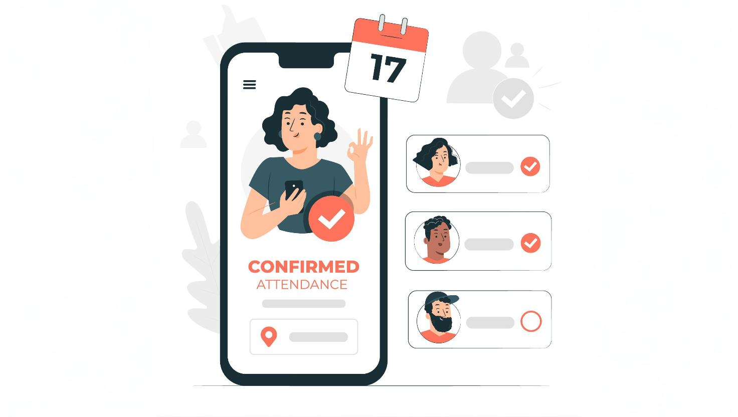 A cartoon woman gives an “okay” hand sign next to a mobile screen that says “Confirmed Attendance,” with other attendee avatars listed beside checkmarks. This represents SMS for businesses in managing event confirmations through effective mobile communication.