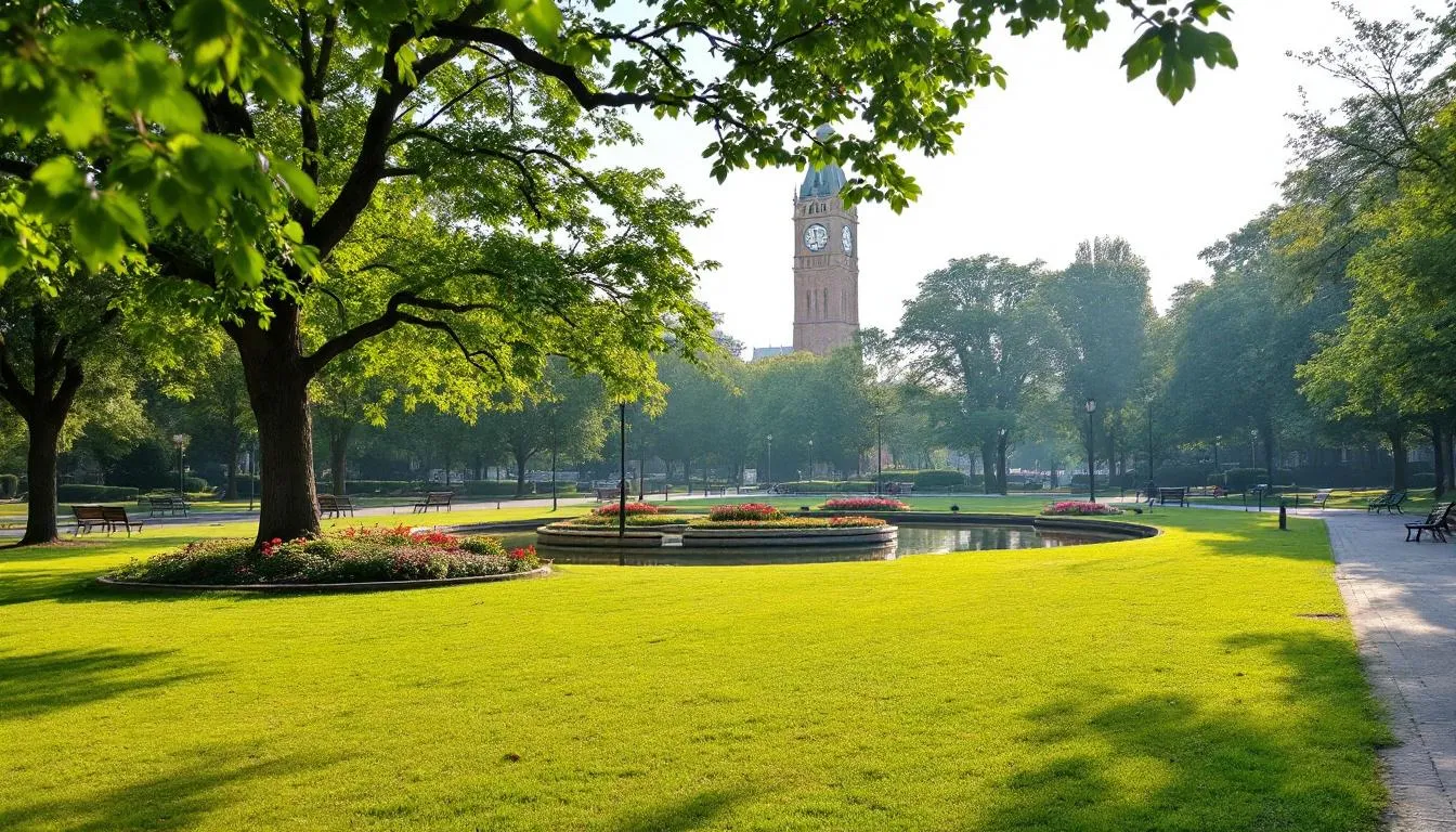 The image depicts a serene park in a new city, with lush greenery and walking paths, inviting individuals to explore and connect with nature. This peaceful setting symbolizes the journey of finding support and building real friendships during difficult moments, offering a space for conversations and emotional healing.