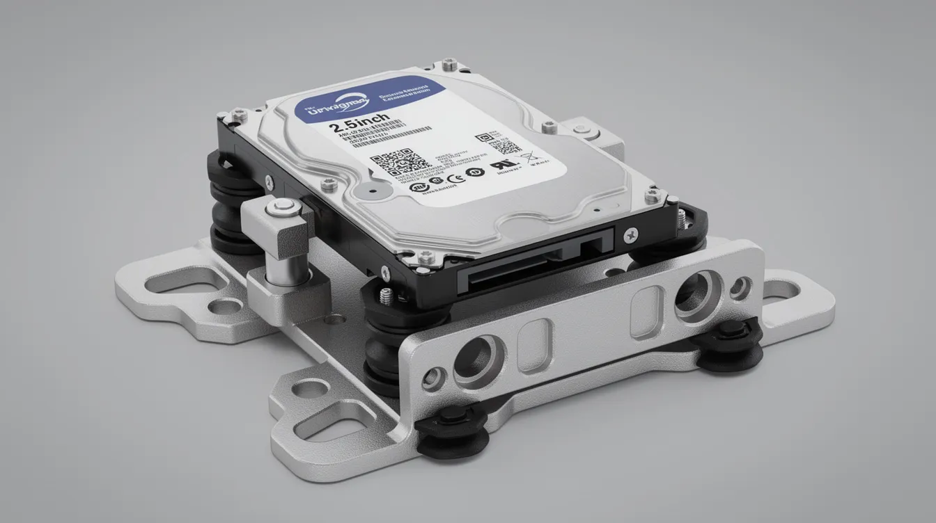 MDVR Storage Options: The image features a 2.5-inch industrial surveillance hard drive designed for video recording and data security, equipped with an anti-vibration mounting bracket for enhanced durability. This device is ideal for fleet operators, providing ample storage capacity for real-time video streaming and monitoring of commercial vehicles, including buses and construction vehicles.