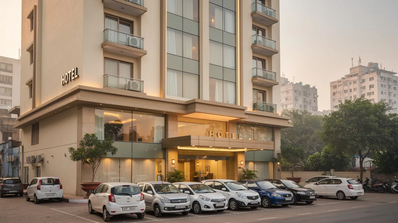 d9fa7c3d 6dc7 4122 b501 df3264221aca The image shows the exterior of a mid-range hotel building in an Indian city, with cars parked outside, highlighting the property's location and potential for a successful hotel project. This scene reflects the hospitality industry's demand analysis and market trends in urban areas, essential for a comprehensive hotel feasibility study.