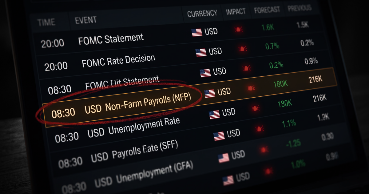 Close-up of an economic calendar screen listing high-impact USD events including the FOMC Statement, FOMC Rate Decision, and Unemployment Rate, each marked with red impact alerts. The 08:30 USD Non-Farm Payrolls (NFP) row is highlighted and circled in red marker, showing a forecast of 180K versus a previous 216K, emphasizing NFP as the key market-moving release to watch