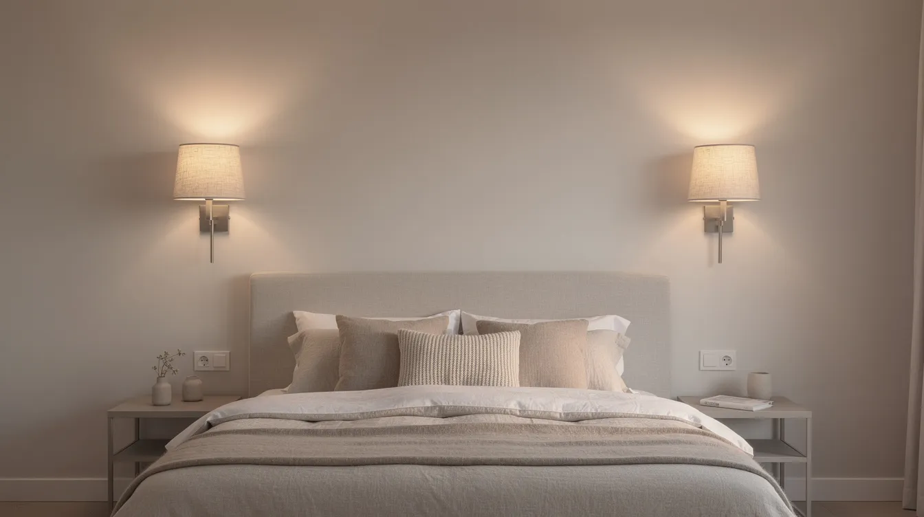 Ett sovrum med två symmetriska tyglampor monterade vid sänggaveln, som ger ett mjukt och behagligt kvällsljus. Rummet är inrett med olika färger och material som skapar en harmonisk atmosfär.
