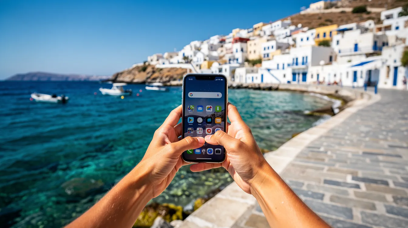 A person is holding a smartphone while standing on a sunny waterfront in Greece, with picturesque white buildings in the background. The scene captures the essence of a Greek island, inviting viewers to imagine the vibrant atmosphere and beautiful landscape.