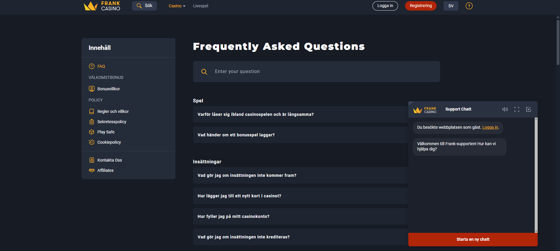 Frank Casinos FAQ och kundtjänst med vanliga frågor och supportchatt.