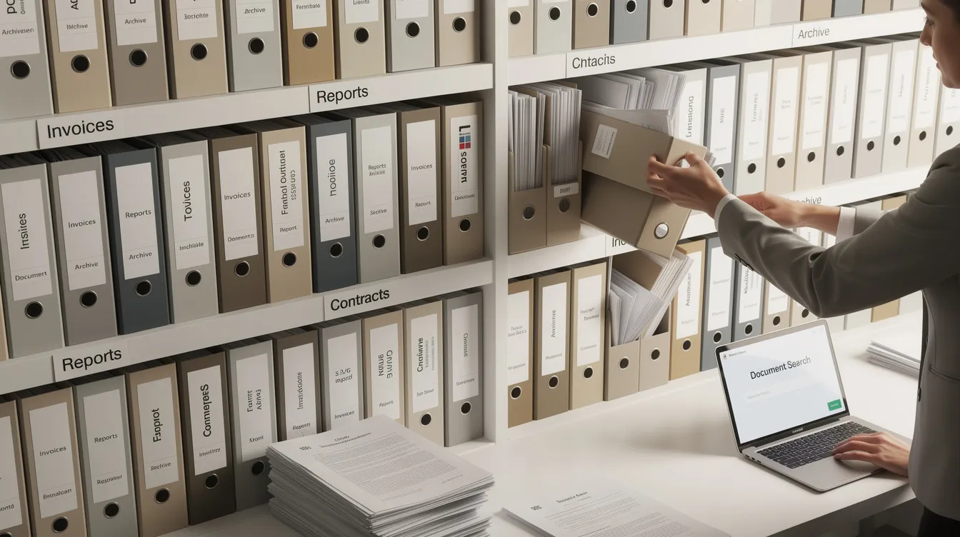 The image depicts a neatly organized array of file folders and documents, meticulously sorted into categorized shelves, illustrating an efficient document retrieval system. This setup symbolizes the process of semantic search and the use of embedding models to enhance the retrieval of relevant documents based on their semantic meaning and relationships.