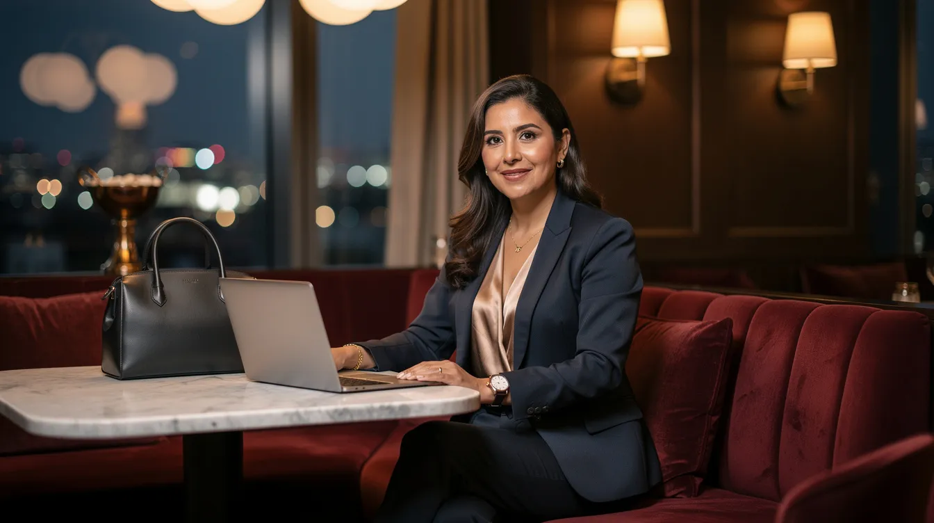 A high-value Hispanic woman stands confidently in a professional outfit at an upscale lounge, exuding self-esteem and feminine energy. She embodies traits of personal growth and self-awareness, showcasing her commitment to healthy relationships and mutual respect in her personal and professional life.