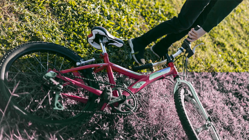 red and white bike laying in the grass 