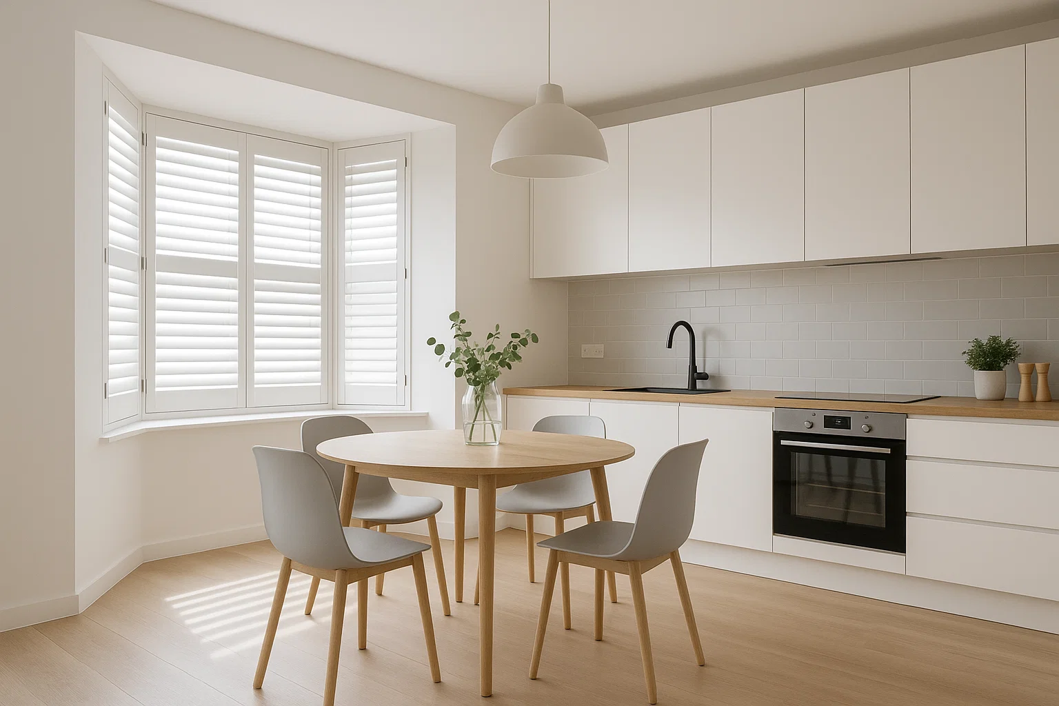 Square bay window with faux wood shutters in a modern UK kitchen-diner
