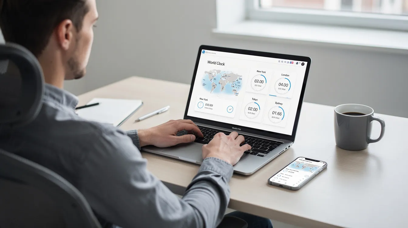The image shows a person sitting at a desk with a laptop open and a smartphone displaying a world clock application, highlighting the time difference between Jakarta, Indonesia, and London, United Kingdom. This setup suggests the individual is planning meetings or coordinating schedules across different time zones.