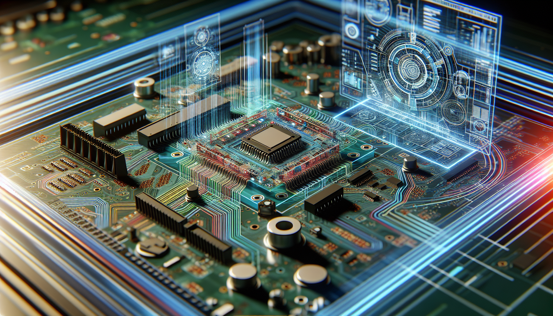 A digital PCB layout design with various electronic components and connections. PCB design process.