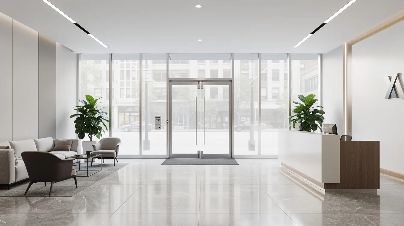 The image depicts a professional commercial office lobby featuring polished floors and clean glass entrance doors, creating a spotless and welcoming environment. This well-maintained space reflects the quality of professional cleaning services, ensuring a fresh and inviting atmosphere for visitors.